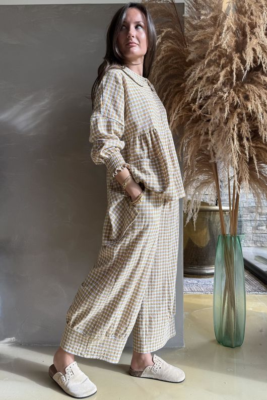 Annie Gingham Peter Pan Smock Blouse Mustard